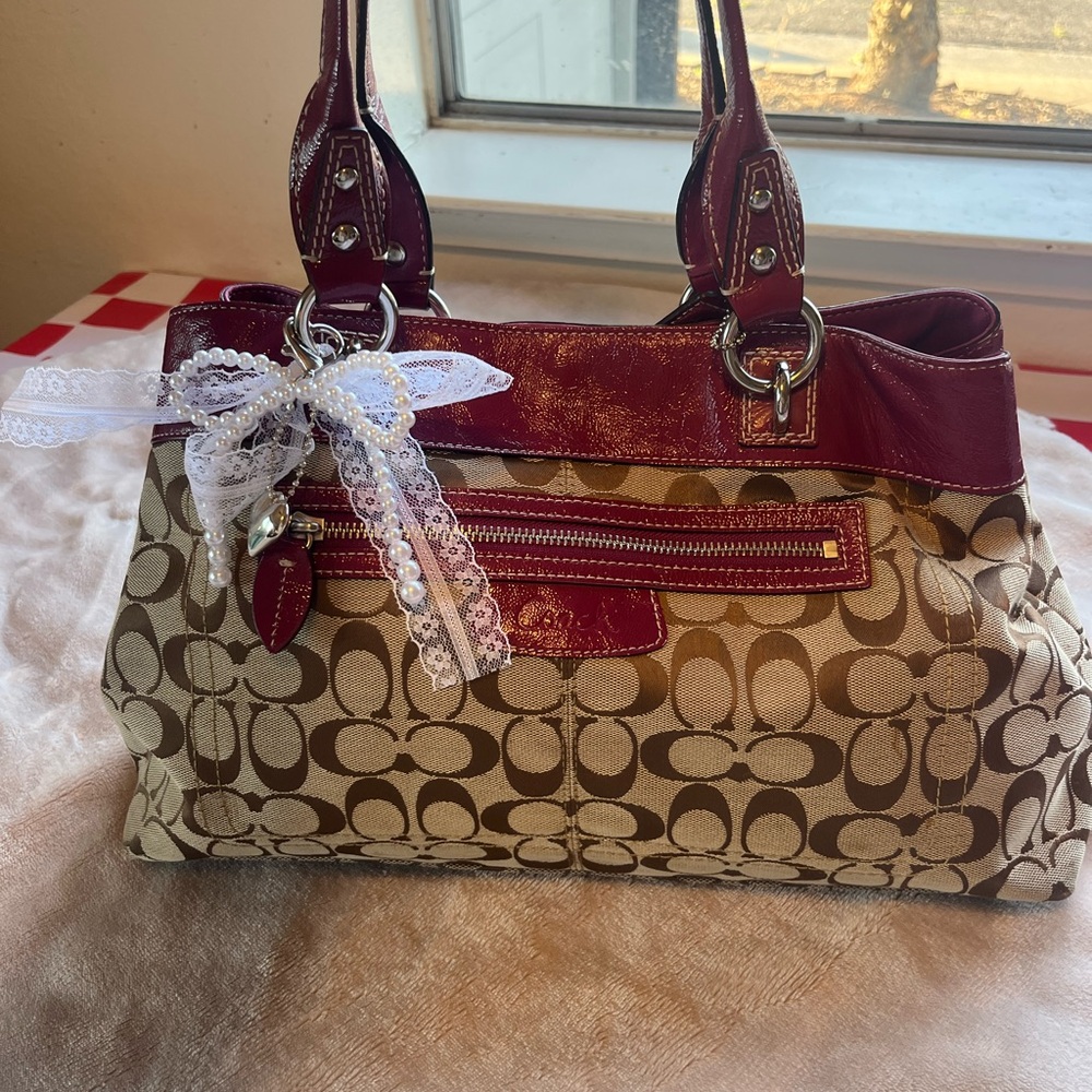 Coach Red and Tan Shoulder Bag with Signature Design